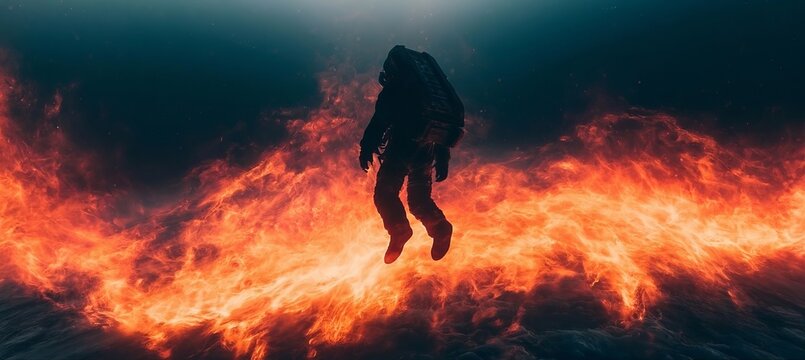Astronaut Standing Floting Abouve Volcanic Surface Explosive Flaming Mars Background Space Explore