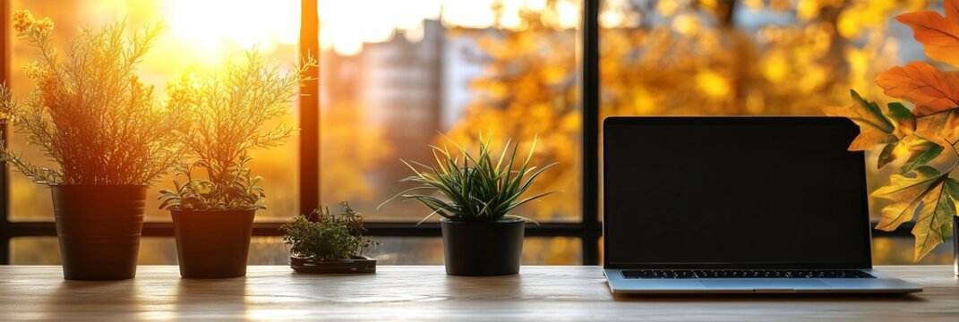 Professional remote home workspace desk featuring a leptop and green plants and autumn window view.