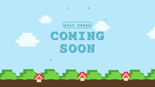 Pixel Art Coming Soon Announcement Background with Retro Game Style