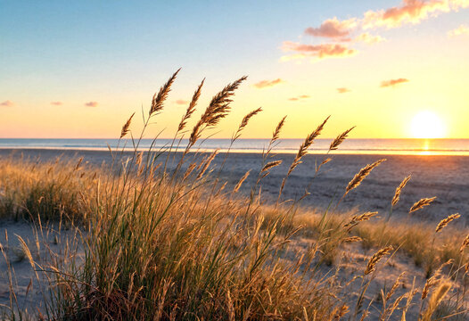 Beautiful sunset over a serene beach with tall grasses swaying in the breeze and golden light