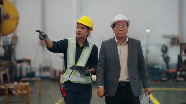 Two men inspect heavy machinery together. One wears a vest and gloves, the other in a suit. They hold tablets, focused on the equipment