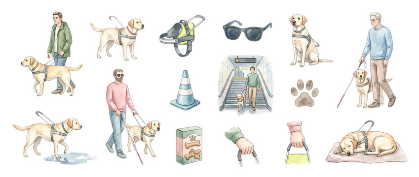 Guide dog service dog blind person illustration set featuring assistance labrador retriever walking with white cane, navigating stairs, harness, sunglasses icons for accessibility support aid