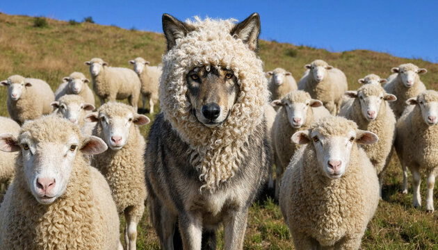 Portrait shows wolf in sheep costume among flock of sheep. Conceptual image idea of hiding. Wolf looks like sheep. Wild animal disguised among domestic livestock animals. Secret agent concept idea.