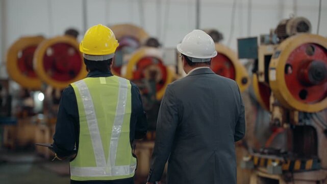 Two men walk through a factory floor. One wears a suit, the other a safety vest. They gesture toward machines and discuss operations