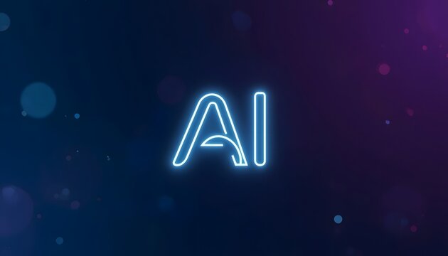 Artificial intelligence neon sign. Glowing AI text logo on a dark digital background.