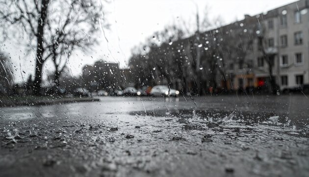 濡れたアスファルトの表面に激しい雨が降り注ぐ