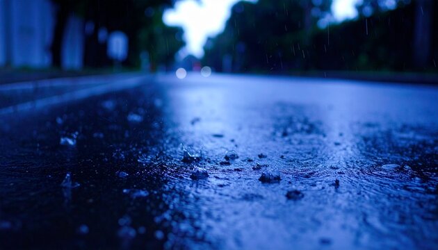 濡れたアスファルトの表面に激しい雨が降り注ぐ