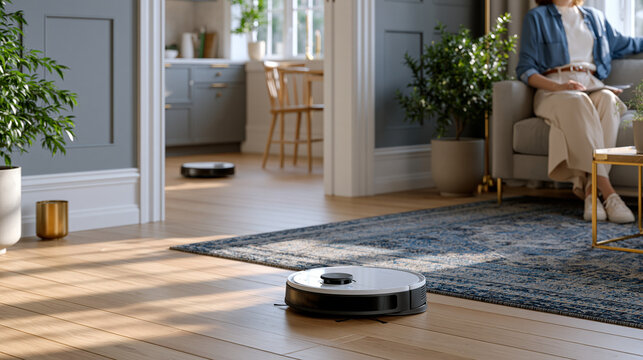Smart home hub displaying robot vacuum mapped floor plan on touchscreen, device completing final kitchen row visible through doorway, pet food bowl navigated without contact,