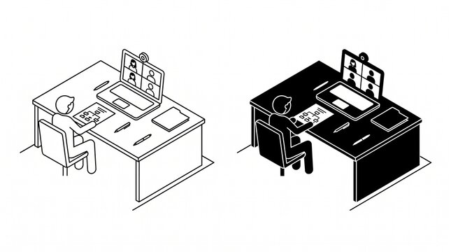 Isometric vector illustration of person attending a video conference meeting on laptop, conceptual design, remote work.
