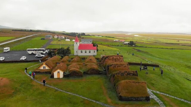 Beautiful aerial view of Glaumbaer heritage village and red