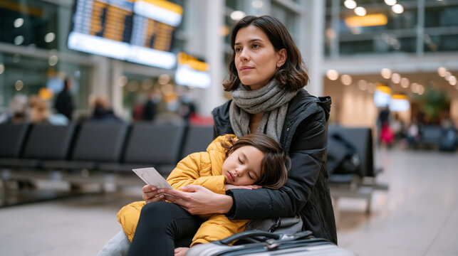 Solo traveler sitting on a rolling suitcase in a packed international terminal watching departure screens while clutching a boarding pass and a sleeping toddler rests across her