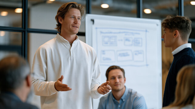 Adaptive learning AI personalized recommendation engine wireframe sketched on whiteboard by instructional designer standing beside edtech startup team in sparse conference room,