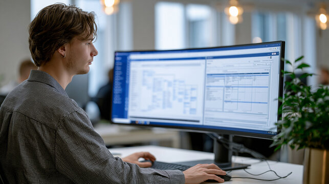 Knowledge management enterprise dashboard open on wide monitor showing taxonomy trees and document repositories, single information architect organizing corporate wiki structure,