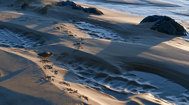 sand texture aerial minimal view of beach at autumn equinox low tide revealing tidal pool formations and shorebird tracks across wet surface in quiet coastal reserve during early