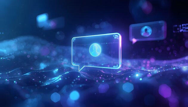 Neural network chat interface. Digital messaging bubbles floating in a futuristic cyberspace.
