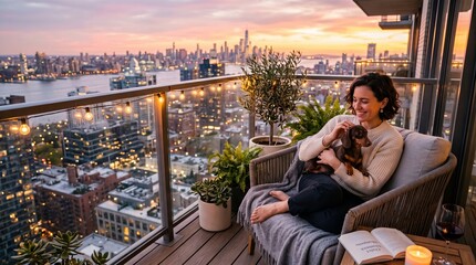 Fototapeta premium Woman relaxing with dog on balcony. City skyline view at sunset with cozy home atmosphere.
