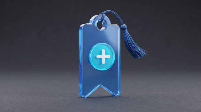Blue translucent glass tag with white plus symbol and decorative tassel on dark surface.