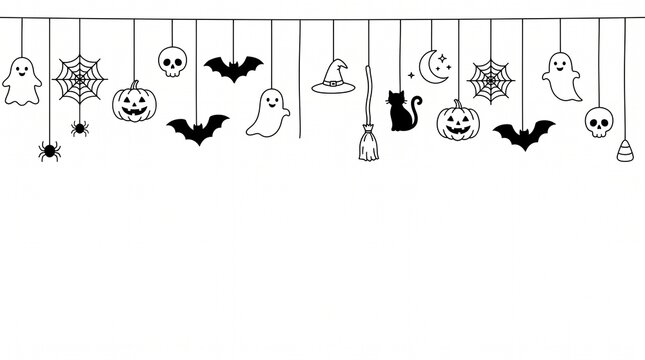 Minimalist halloween hanging decorations vector illustration featuring ghosts, pumpkins, bats, spiders, witch hats, and skulls