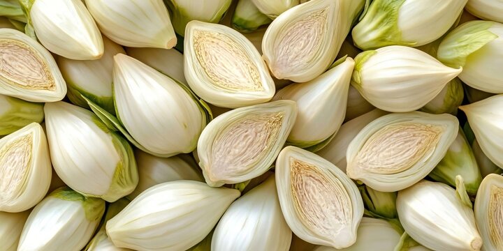 Full Frame Close Up Of Raw Fresh Belgian Endive Bulbs With Pale Cream And Light Green Leaf Textures
