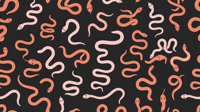 Minimalist snake vector pattern with coral and pink serpents on a dark gray background, perfect for design resources