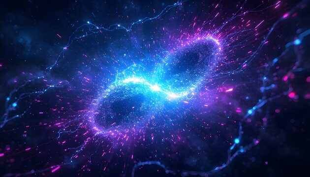 Quantum AI consciousness core. Abstract digital neural network with glowing light particles.