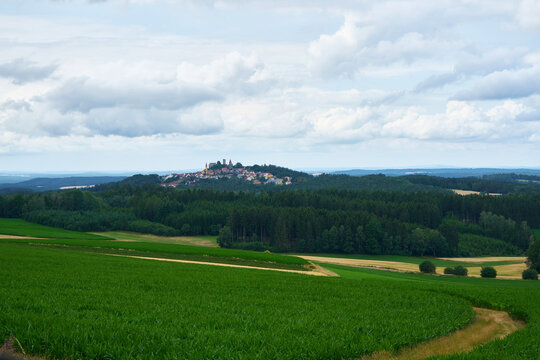 Scenic landscape view of Leuchtenberg Castle ruins and medieval village nestled on a hill, Upper Palatinate, Bavaria, Germany