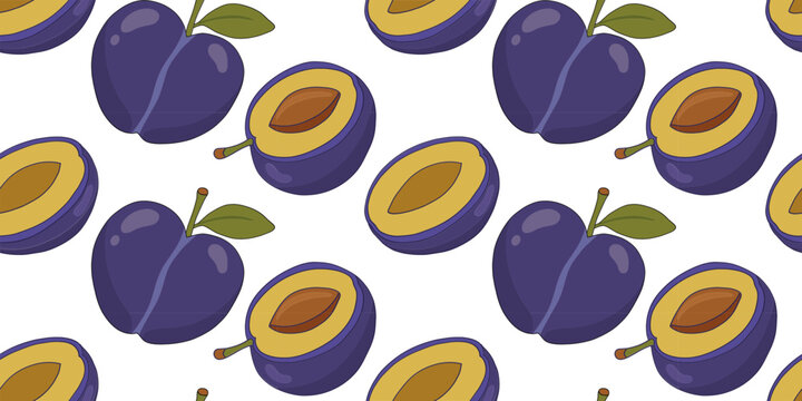 Seamless pattern with ripe purple plums and green leaves, made in hand-drawn doodle style, flat vector illustration for fabric, wrapping paper, wallpaper and textile design.