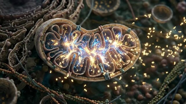 Mitochondrion, actively producing adenosine triphosphate energy, within a cellular environment, displaying complex internal cristae membrane, emitting illuminated metabolic product.