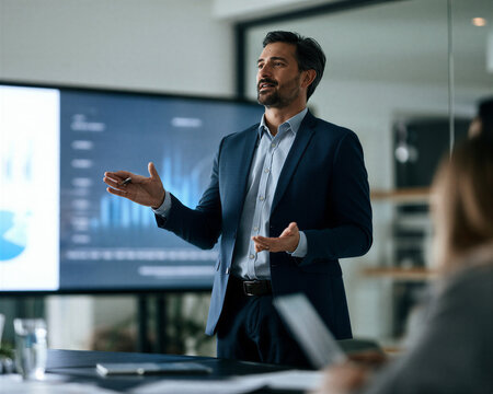 Male professional presenting business strategies and financial reports on a large screen