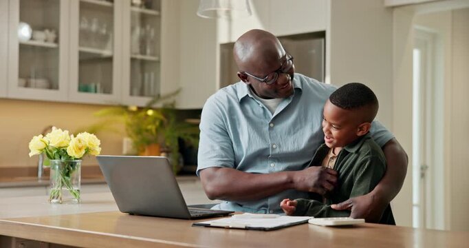 Hug, elearning and laptop with father and black child in home for homework, education and support. Project success, help and online class with man and kid in family house for student and smile
