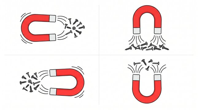 Red horseshoe magnet attraction to metallic screws and nails illustration set; physics, science, magnetic force concept