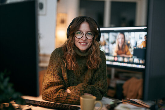 Woman smiling at camera while having a video conference with colleagues, working remotely from her home office, communicating and collaborating online