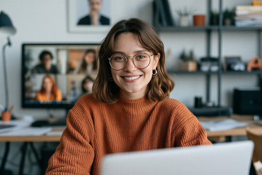 Smiling woman wearing glasses working from home office, participating in a video conference call on laptop, collaborating remotely during online meeting