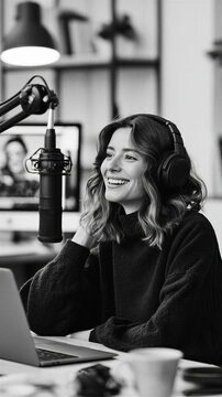 Smiling woman recording podcast in broadcast studio, wearing headphones and speaking into a professional microphone, creating audio content for radio and streaming
