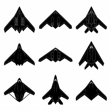 Set of nine black and white vector icons showcasing various stealth military aircraft and bomber jet designs on white background.