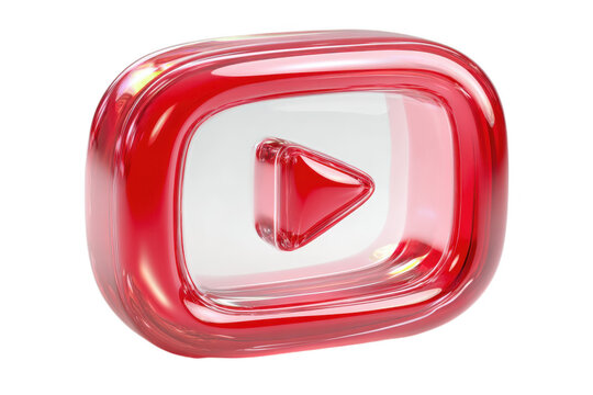 3D Glossy Red Glass Play Button Icon Isolated on White