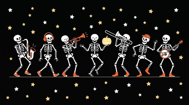 Seven cheerful skeletons dancing and playing musical instruments with a pumpkin against a star-filled black background, festive