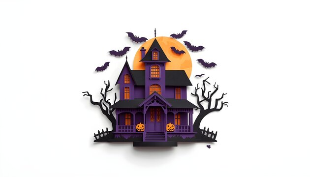 Spooky Halloween Haunted House with Flying Bats and Full Moon Paper Cut Style