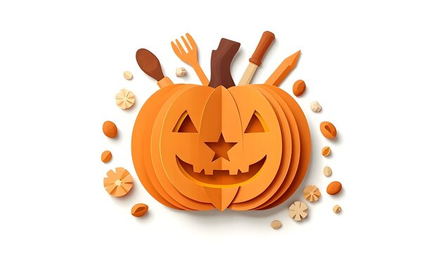 Paper Cut Halloween Pumpkin with Kitchen Utensils and Carving Tools