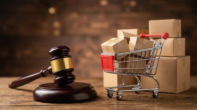 Online shopping law and consumer protection legal services with a judge hammer and shopping cart.