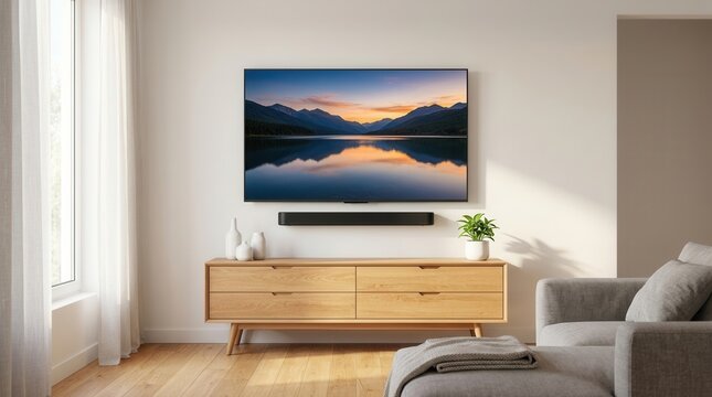 Natural light highlights tech integration of a smart TV connected to a sound bar in a modern living room with a stylish wooden TV stand.