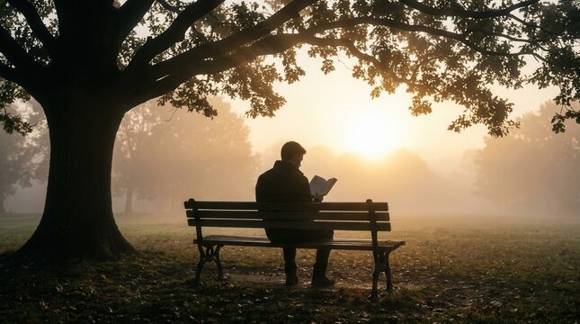 Foggy park air creates an atmosphere of peace and solitude as a man reads a book on a bench under a large tree at sunrise.