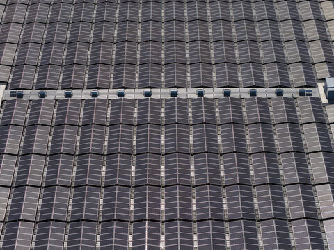 Aerial view of a large industrial roof covered with rows of photovoltaic solar panels in Zwolle, Netherlands.