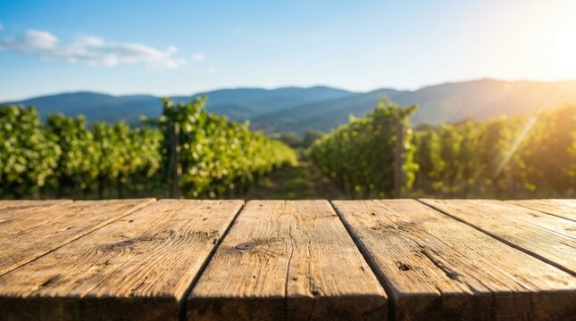 Hilly landscape with green grape plants and blue sky behind a wooden table foreground.
