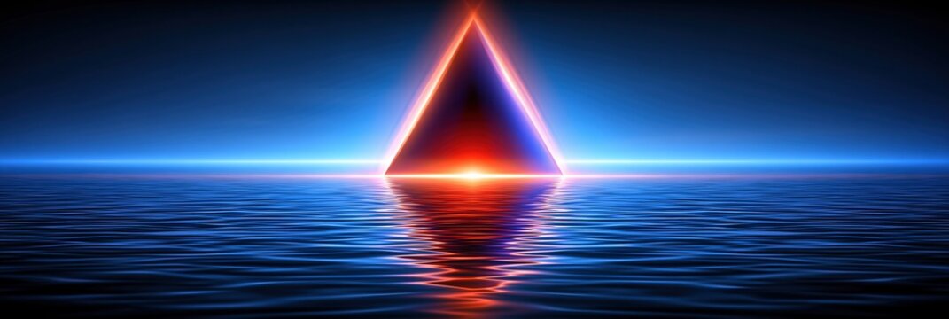 Abstract glowing red triangle pyramid reflected on rippling water surface with blue horizon light