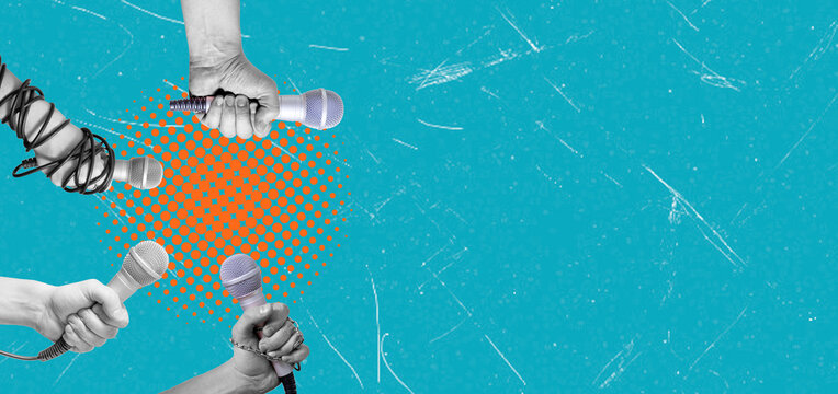 Art collage of hands holding microphones on a bright blue background