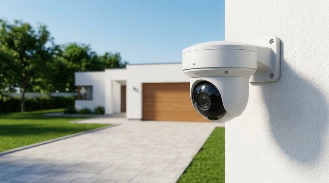 Contemporary white house exterior with green lawn and smart security camera for home automation system