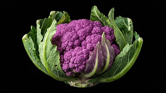 Vibrant Purple Cauliflower Head Surrounded by Green Leaves on Black Background