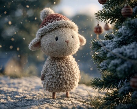 A cute fluffy wool lam plush toy in a seasonal hat stands on a light dusting of snow during winnter