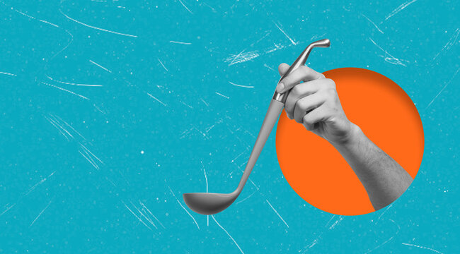Art collage featuring a hand holding a ladle against a bright background